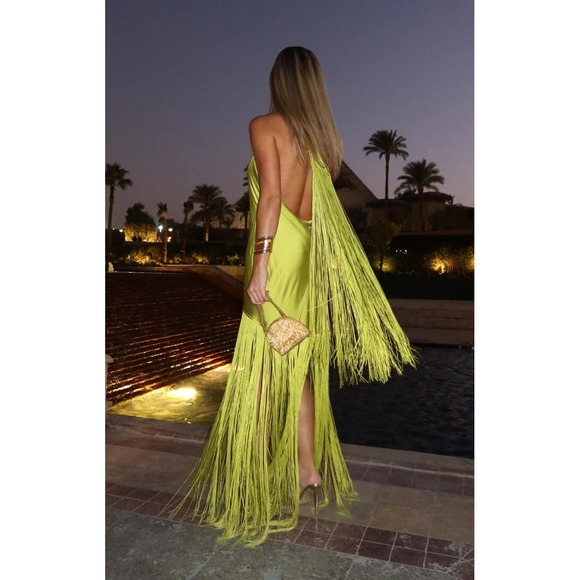 Show Me Your MuMu Dresses & Skirts - Show Me Your Mumu Chartreuse Green Satin Fringe Maxi Dress Scarf XS